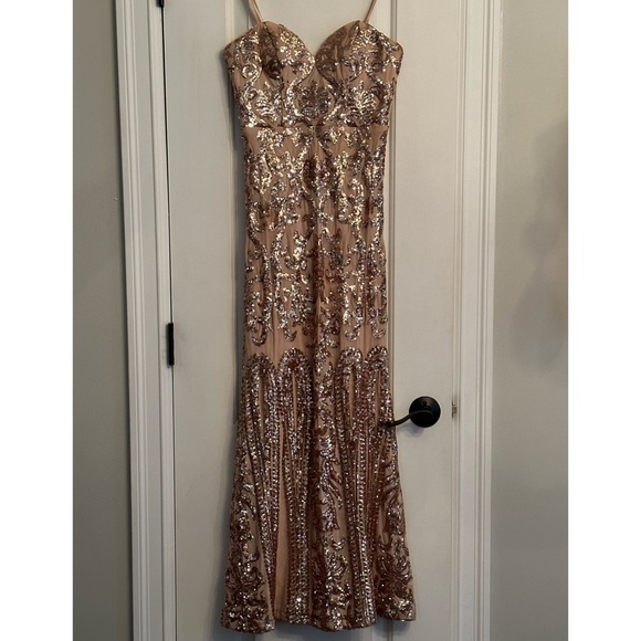 Bariano Rebecca Rose Gold Strapless Sequin Maxi Dress - Picture 4 of 10